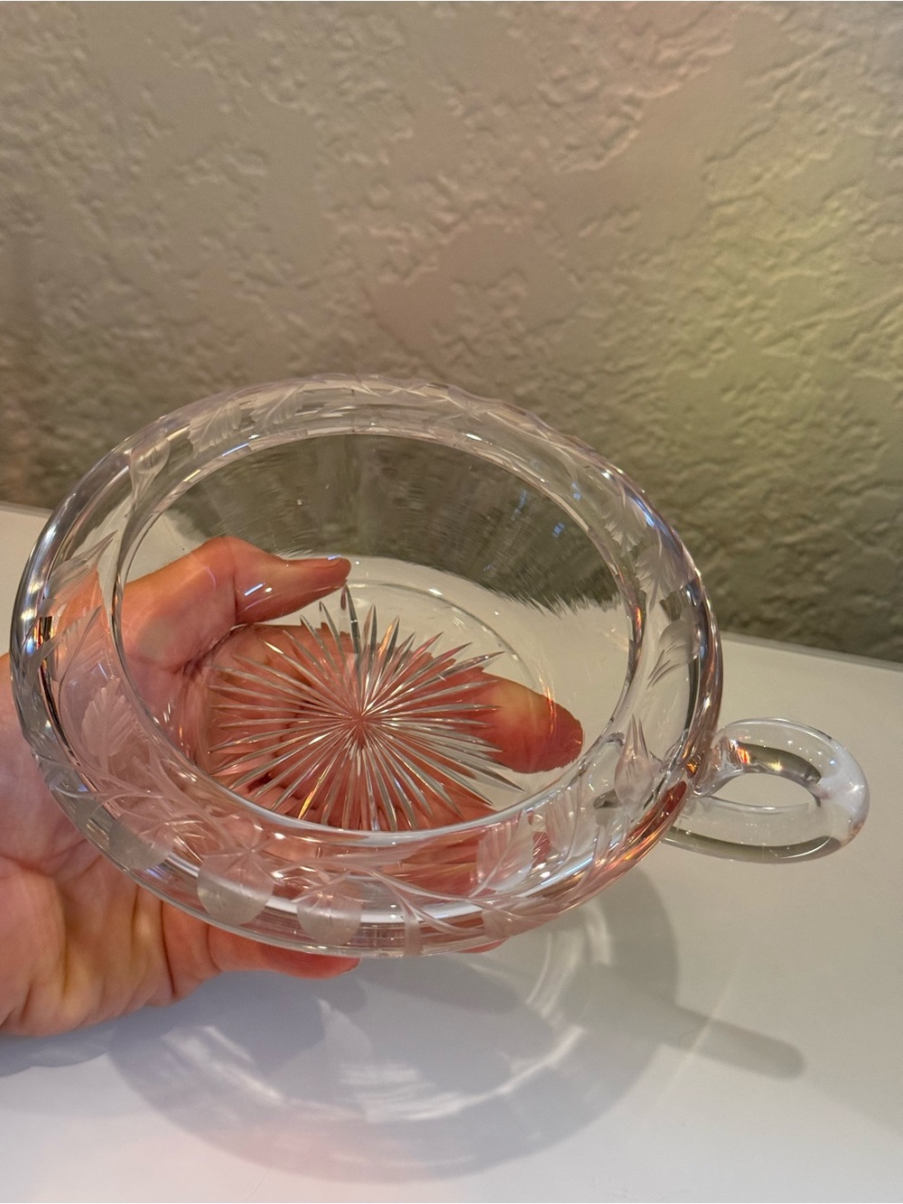 Elegant Clear Cut Glass Serving Bowl with Handle so beautiful and unique NEW